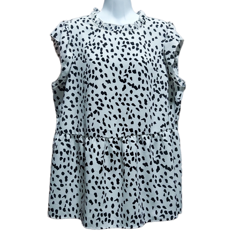 Sleeveless Ruffle Neck Dalmatian Print Tunic Top - Black on White